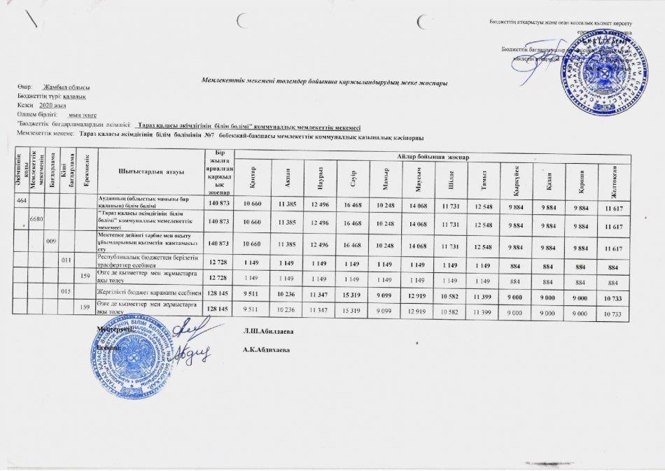 Төлемдер бойынша қаржыландырудың жеке жоспары 2020
