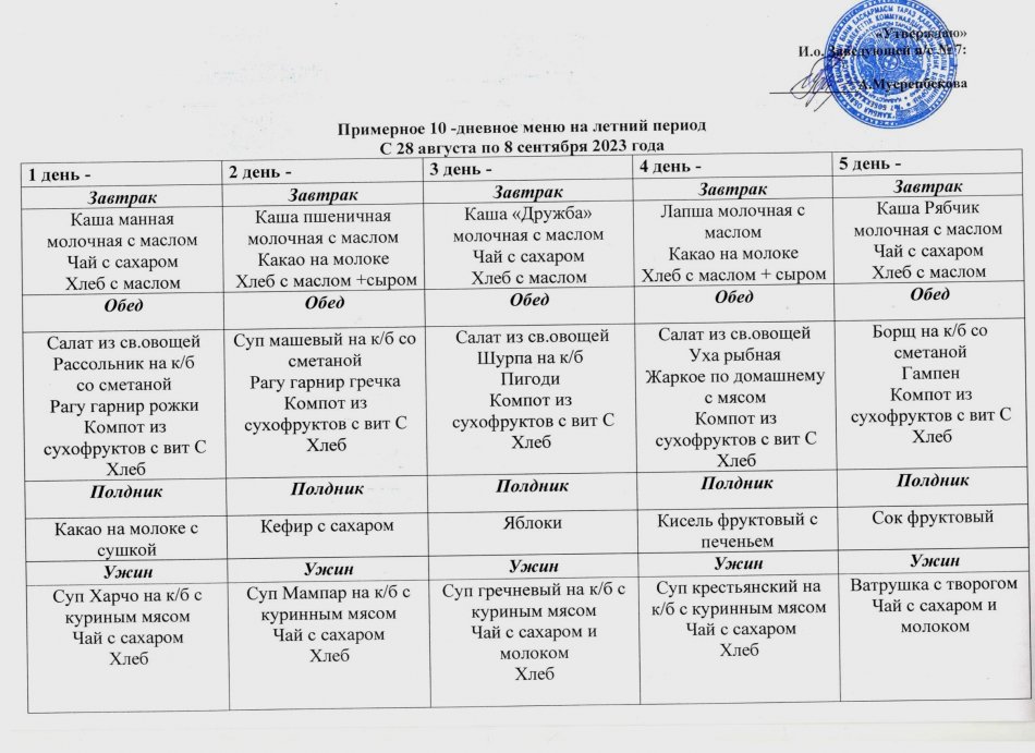 Примерное 10-дневное меню с 28 августа по 8 сентября