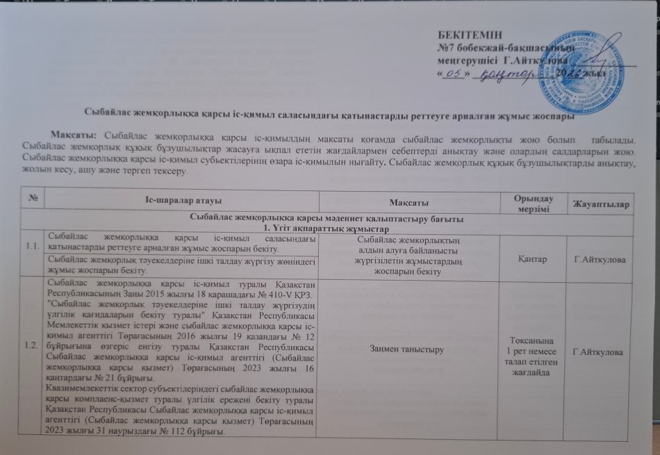 Сыбайлас жемқорлыққа қарсы іс-қимыл саласындағы қатынастарды реттеуге арналған жұмыс жоспары